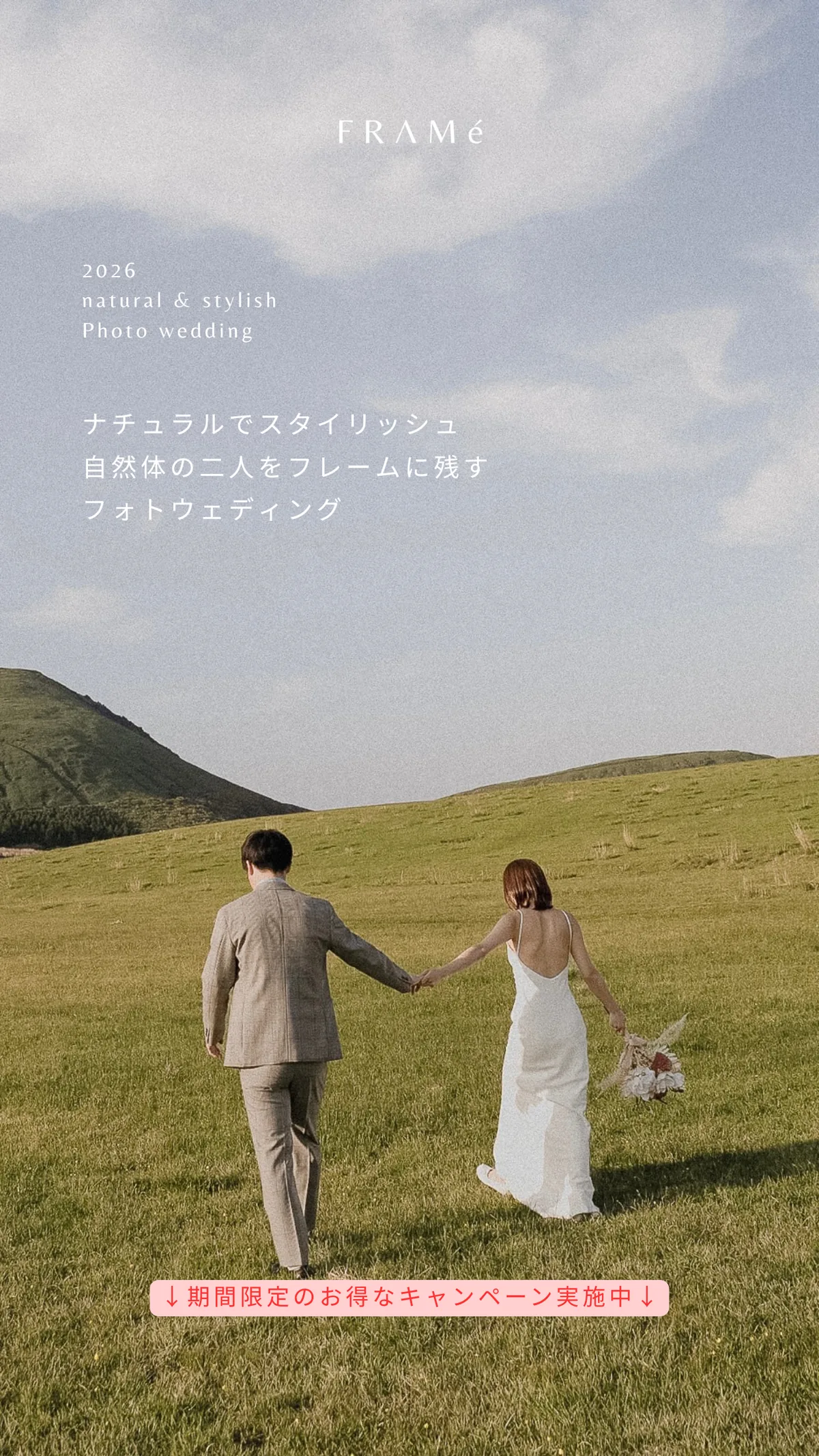草原を手をつないで歩く新郎新婦